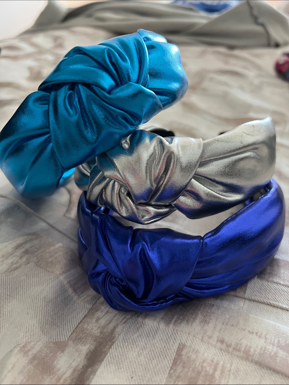 Metallic Knotted Satin Headband Set - Teal, Silver & Royal Blue